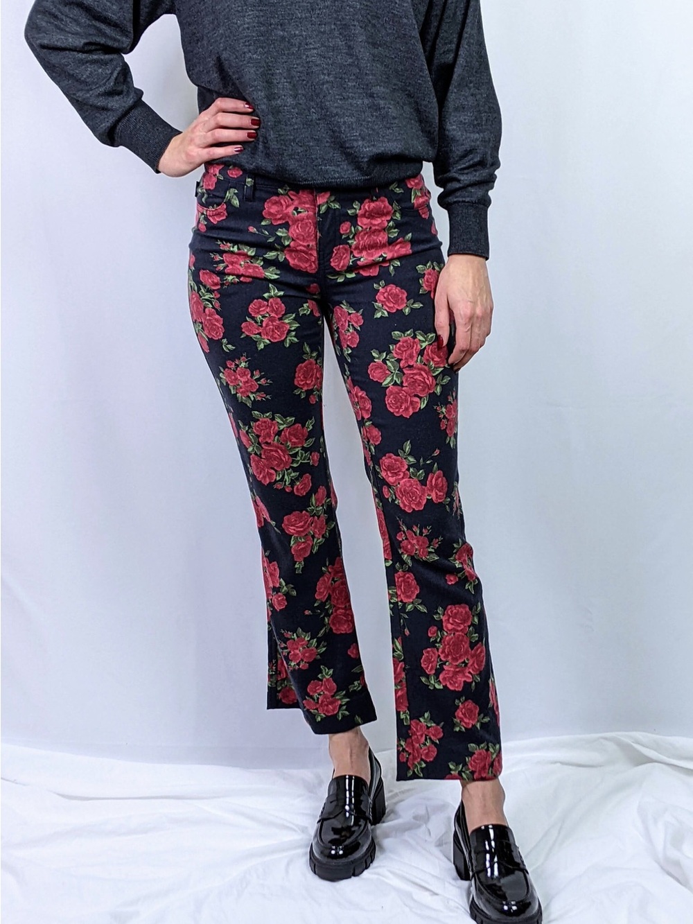 Vintage Moschino Floral Print Black Red Green Pants 95% wool